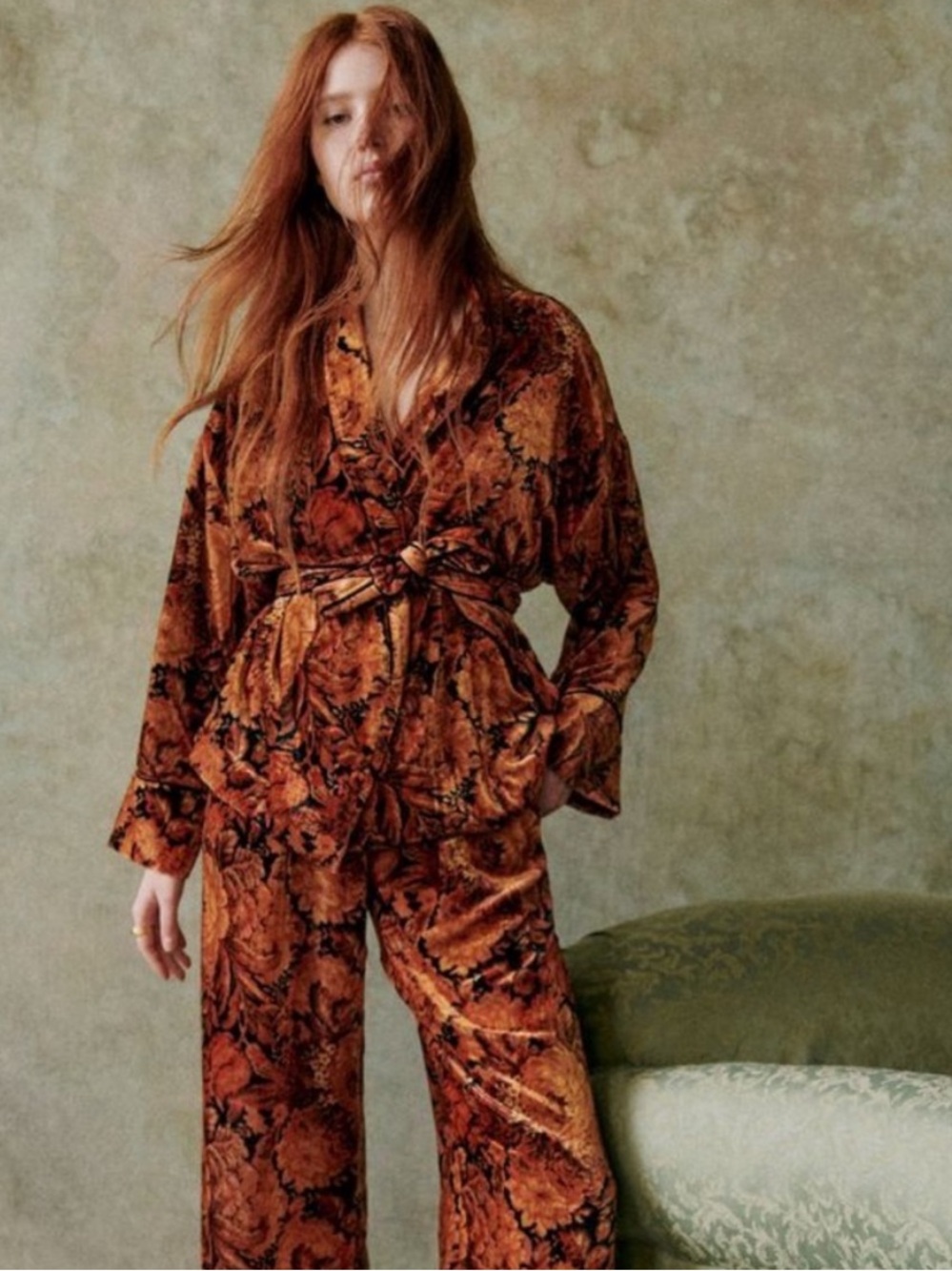 SEZANE Orange & Black Fall Floral Belted Velvet Lapels Blazer Gwendal Jacket - Picture 3 of 15
